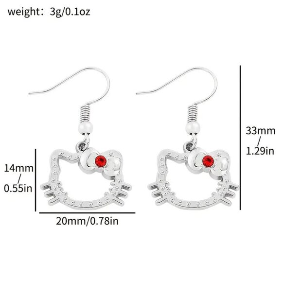 Earrings Hello Kitty Rhinestone Sanrio Red Crystal Dangle Silver Emo Scene Rave - Picture 3 of 3